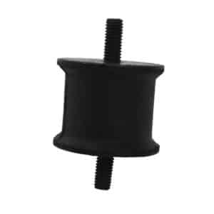 A cylindrical black rubber Gearbox Flexible Mounting for Late TR6, featuring metal threaded studs extending from both flat ends and displayed against a white background. This component is designed to provide effective vibration damping for the gearbox in Late TR6 models.