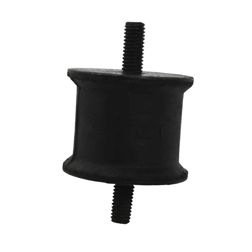 A cylindrical black rubber Gearbox Flexible Mounting for Late TR6, featuring metal threaded studs extending from both flat ends and displayed against a white background. This component is designed to provide effective vibration damping for the gearbox in Late TR6 models.