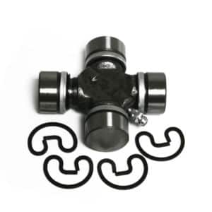 The Propshaft/IRS Driveshaft Universal JointN - TR2-6, featuring four cylindrical metal ends and a grease nipple, is displayed above four black retaining clips, all set against a white background—perfect for IRS driveshaft or propshaft applications.