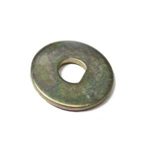 A Front Stub-Axle ‘D’ Washer for Triumph, featuring a metallic finish and a large, irregularly shaped centre hole, displayed against a white background.