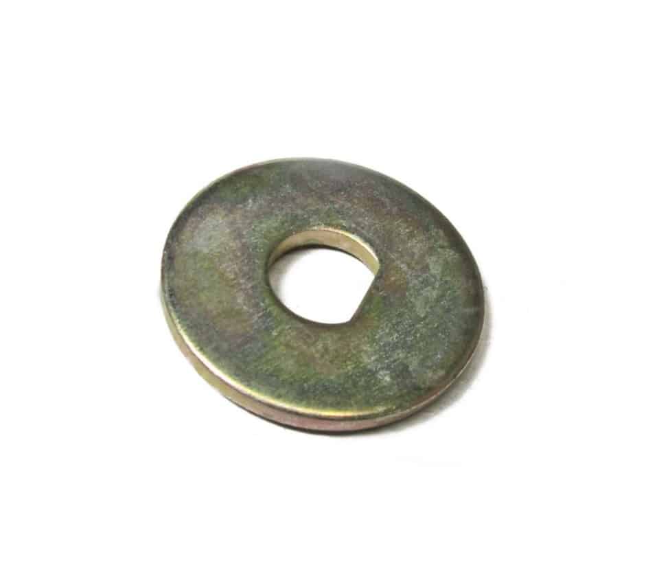 A Front Stub-Axle āDā Washer for Triumph, featuring a metallic finish and a large, irregularly shaped centre hole, displayed against a white background.