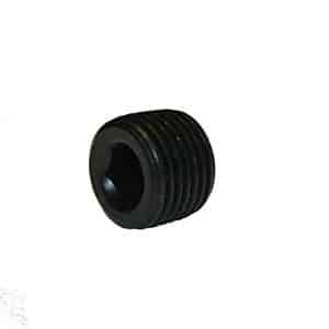 The Oil Gallery Plug, LH Side - TR5-6 is a black, cylindrical grub screw with external threading and a hexagonal socket, designed for TR5 and TR6 models. It is displayed against a plain white background.