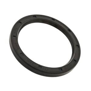 A black rubber Crankshaft Rear Oil Seal, circular with raised markings and surface notches, designed for Triumph TR5, TR250, and TR6 models, is shown against a white background.