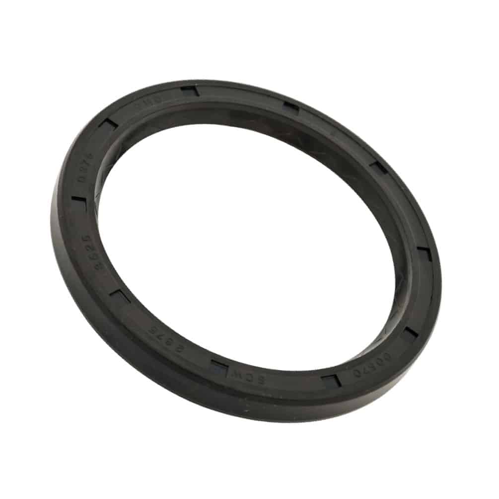 A black rubber Crankshaft Rear Oil Seal, circular with raised markings and surface notches, designed for Triumph TR5, TR250, and TR6 models, is shown against a white background.