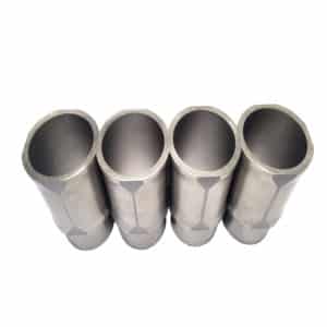 Four Racetorations Thick Wall Competition Cylinder Liner Set - TR2-4A & Morgan +4 liners are arranged side by side in a row and viewed from above against a white background.