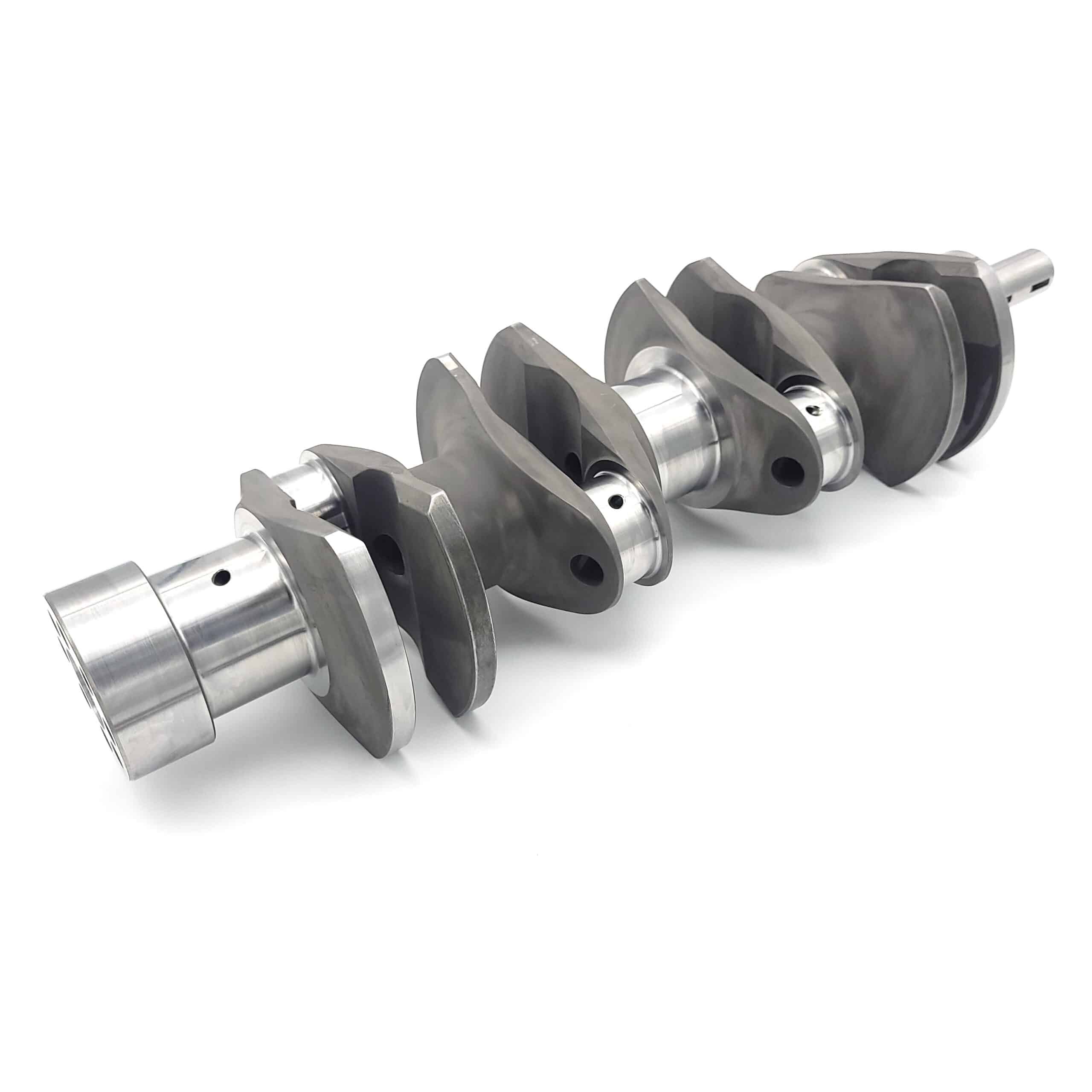 Arrow Precision Engineering Billet Steel Crankshaft, Narrow Journal - TR2-4, Morgan +4 with multiple offset crankpins and smooth machined surfaces, shown on a white background.