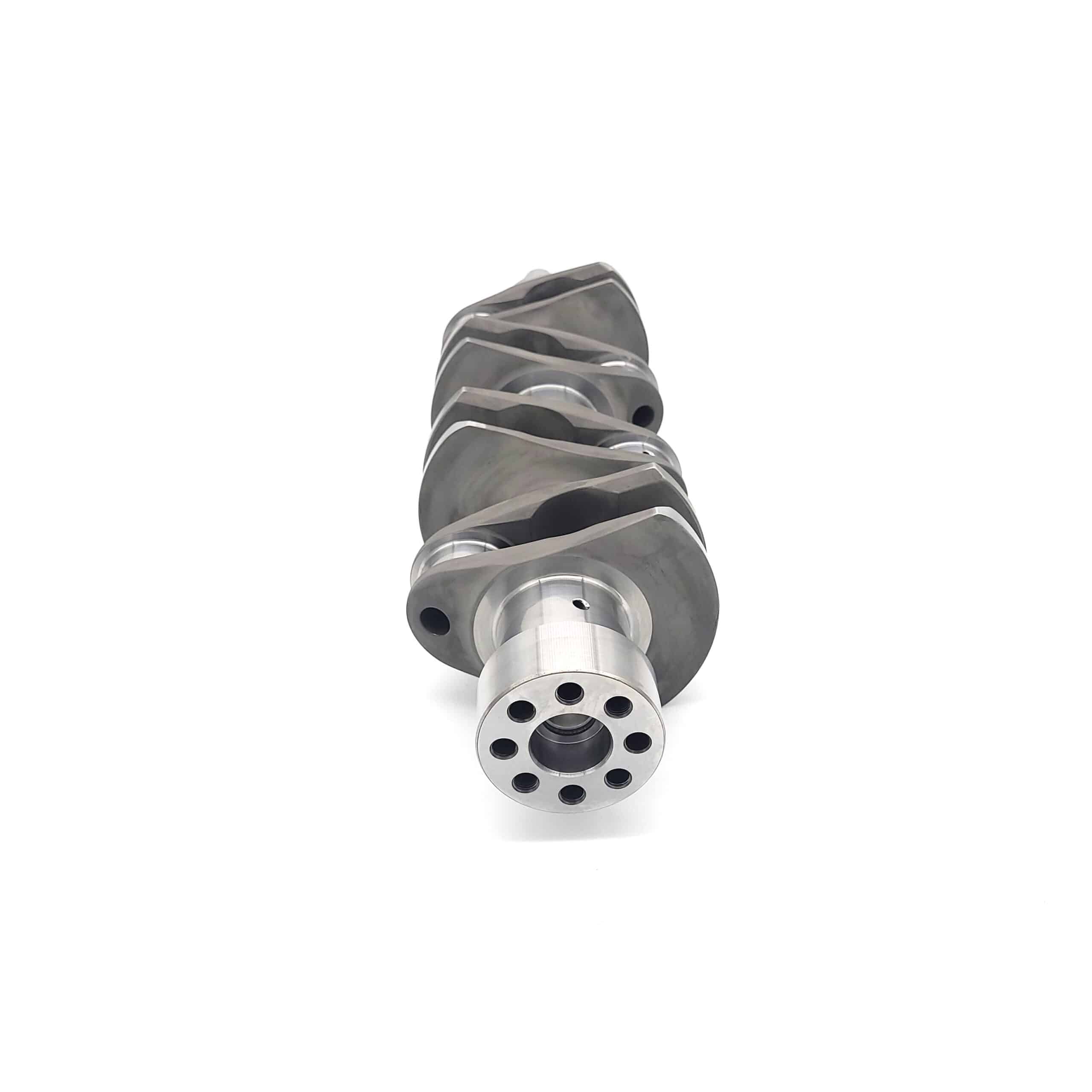 An Arrow Precision Engineering Billet Steel Crankshaft, Narrow Journal - TR2-4, Morgan +4, with smooth machined surfaces and multiple circular holes, shown on a white background.