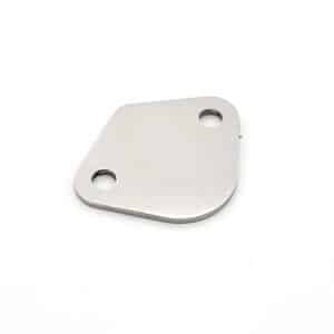 A Stainless Steel Mechanical Fuel Pump Blanking Plate - TR5-6, small and flat with two round holes near the edges, is displayed on a white background.