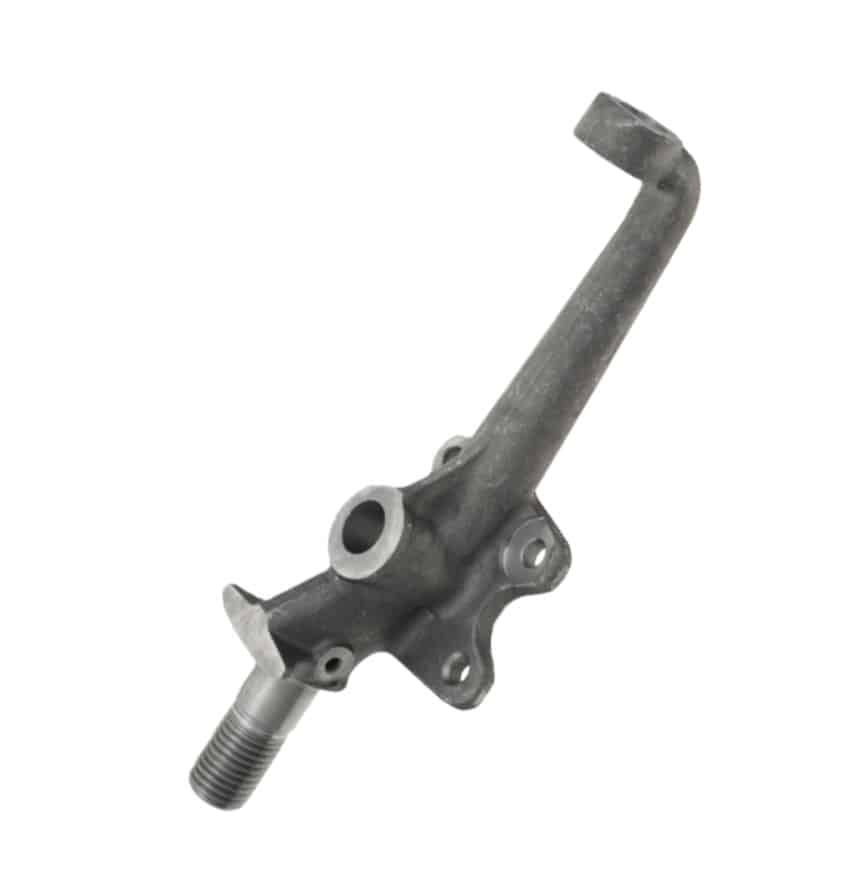 A metal RH Vertical Link - Triumph TR4A TR5 TR250 TR6 automotive steering upright with a threaded end, mounting holes, and an angled arm, photographed on a white background.