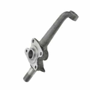A metal RH Vertical Link - Triumph TR4A to TR6 automotive stub axle with a mounting flange, threaded end, and angled arm, isolated on a white background.