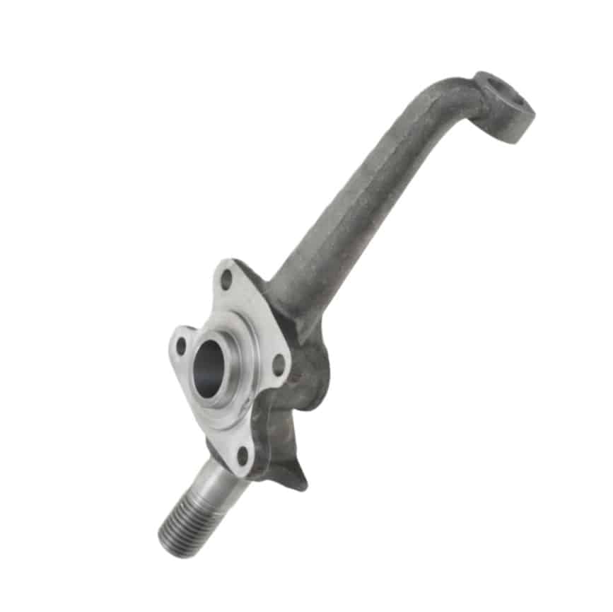 A metal RH Vertical Link - Triumph TR4A to TR6 automotive stub axle with a mounting flange, threaded end, and angled arm, isolated on a white background.
