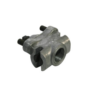 A Rear Brake Shoe Adjuster, 9" Girling Brakes with two parallel threaded holes and bolts on a white background, used for gripping or supporting pipes or rods in TR3A-6 applications.