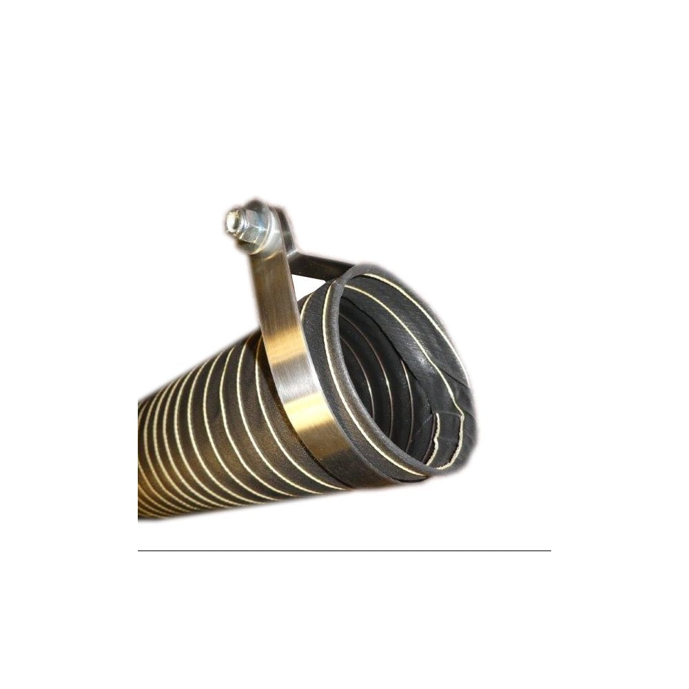 Close-up of a flexible, ribbed hose with a metal clamp and bolt at its end—part of the Direct Air Feed Pipe Kit For Racetorations Air Ducts - TR4-6—shown against a plain white background.