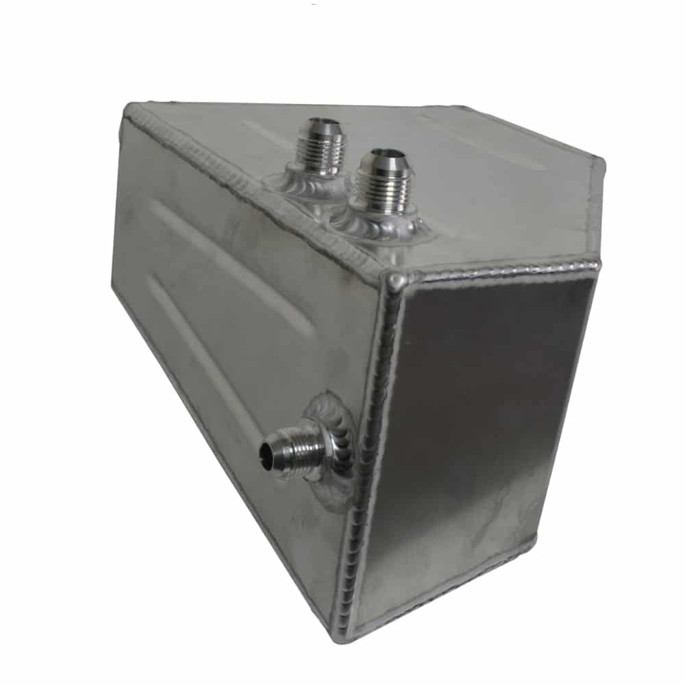A Racetorations Aluminium Engine Oil Catch Tank with a rectangular shape, featuring welded seams and multiple fittings on top, isolated on a white background.