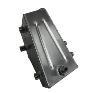 A Racetorations Aluminium Engine Oil Catch Tank, Bare - TR2-3A isolated on a white background, featuring a rectangular shape with ribbed top and side pipe connections.