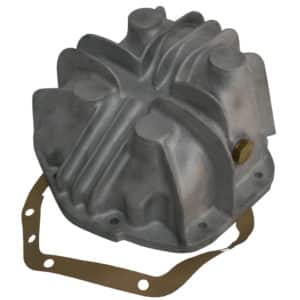 The Racetorations Alloy Finned Differential Cover - TR2-4, shown in grey metal with a ribbed design, is displayed next to its matching gasket on a white background.