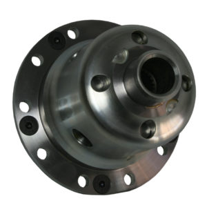 A close-up image of a shiny metal wheel hub assembly with multiple bolt holes and a central splined section for a 3J Driveline Limited Slip Differential, Plate Type - TR3-4, isolated on a white background.