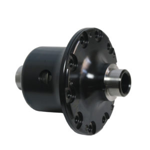 A black 3J Driveline Limited Slip Differential, Plate Type - TR3-4, featuring a cylindrical shape with a protruding metal shaft and multiple bolt holes around its flange, isolated on a white background.