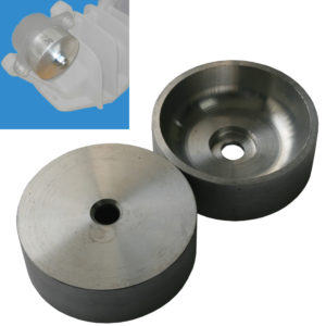 Three images of metal mechanical parts, featuring a top view and side view of a single round component, and an inset showing the Racetorations Rear Differential Mounting Bush Stability Cups - TR5-6 attached to machinery as a rear differential mounting bush.