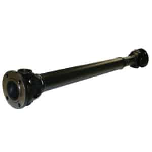 The Racetorations Uprated Propshaft - TR2-6 is a black-painted, cylindrical metal shaft with flanges and universal joints at both ends, designed for efficient torque transfer in TR2-6 vehicles.