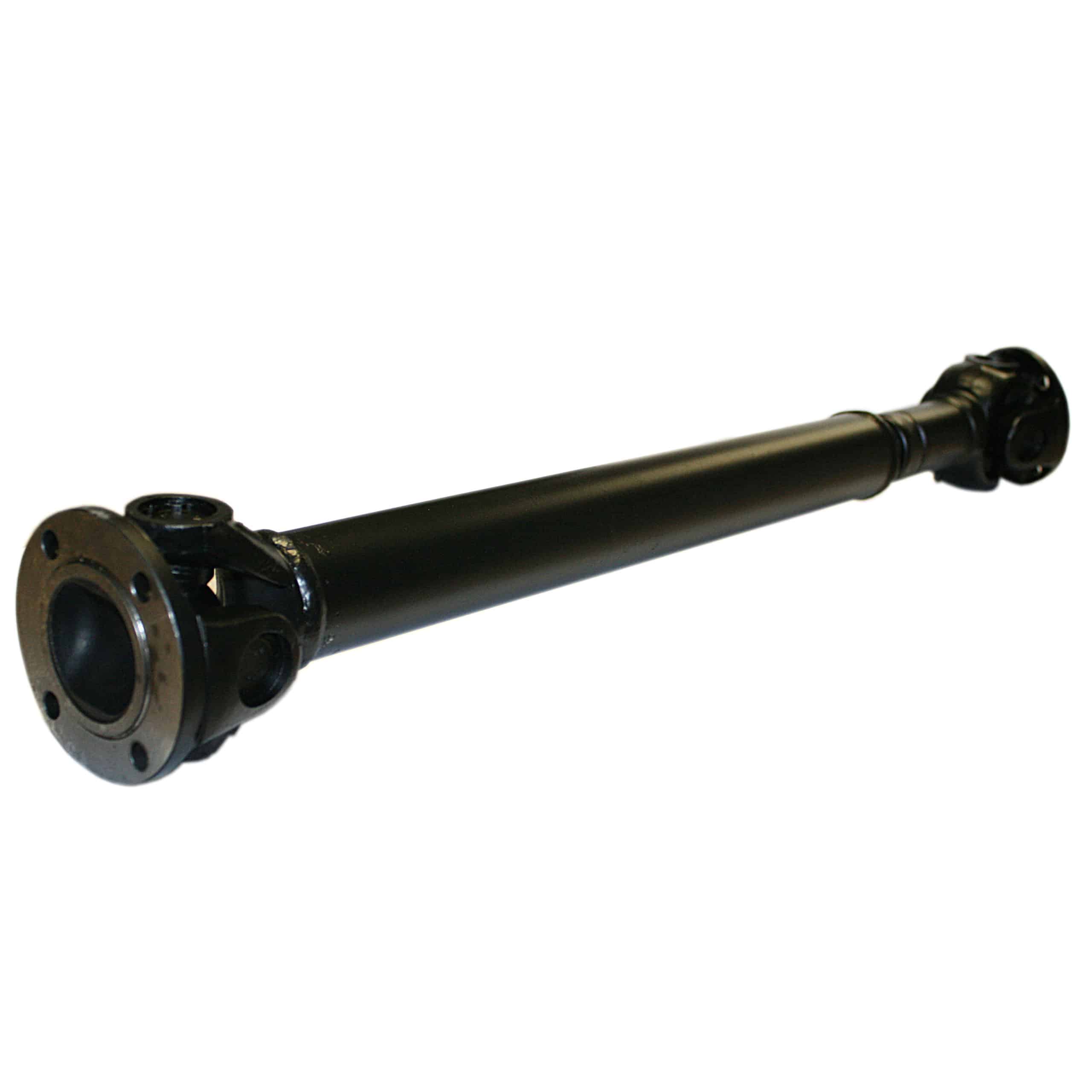 The Racetorations Uprated Propshaft - TR2-6 is a black-painted, cylindrical metal shaft with flanges and universal joints at both ends, designed for efficient torque transfer in TR2-6 vehicles.