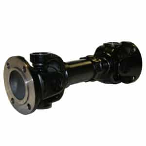 The Racetorations Uprated Propshaft - TR4A-6 is a black metal propshaft with flanges on both ends, designed for TR4A-6 models to efficiently transmit torque in vehicles or machinery.