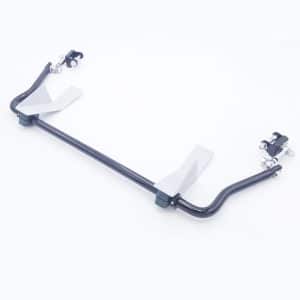 A Racetorations Front Anti-Roll Bar, 22mm, designed for the Triumph TR3 and TR3A, shown in black metal with two silver mounting brackets and end links, isolated on a white background.