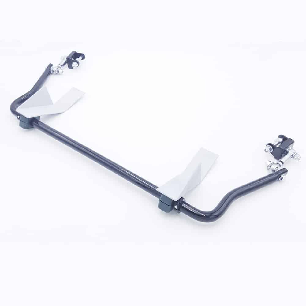A Racetorations Front Anti-Roll Bar, 22mm, designed for the Triumph TR3 and TR3A, shown in black metal with two silver mounting brackets and end links, isolated on a white background.