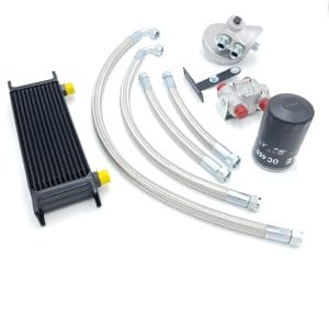 Mocal 13 Row Oil Cooler Kit - TR5-6, includes braided hoses, oil filter, cooler radiator, and metal fittings displayed on a white background.