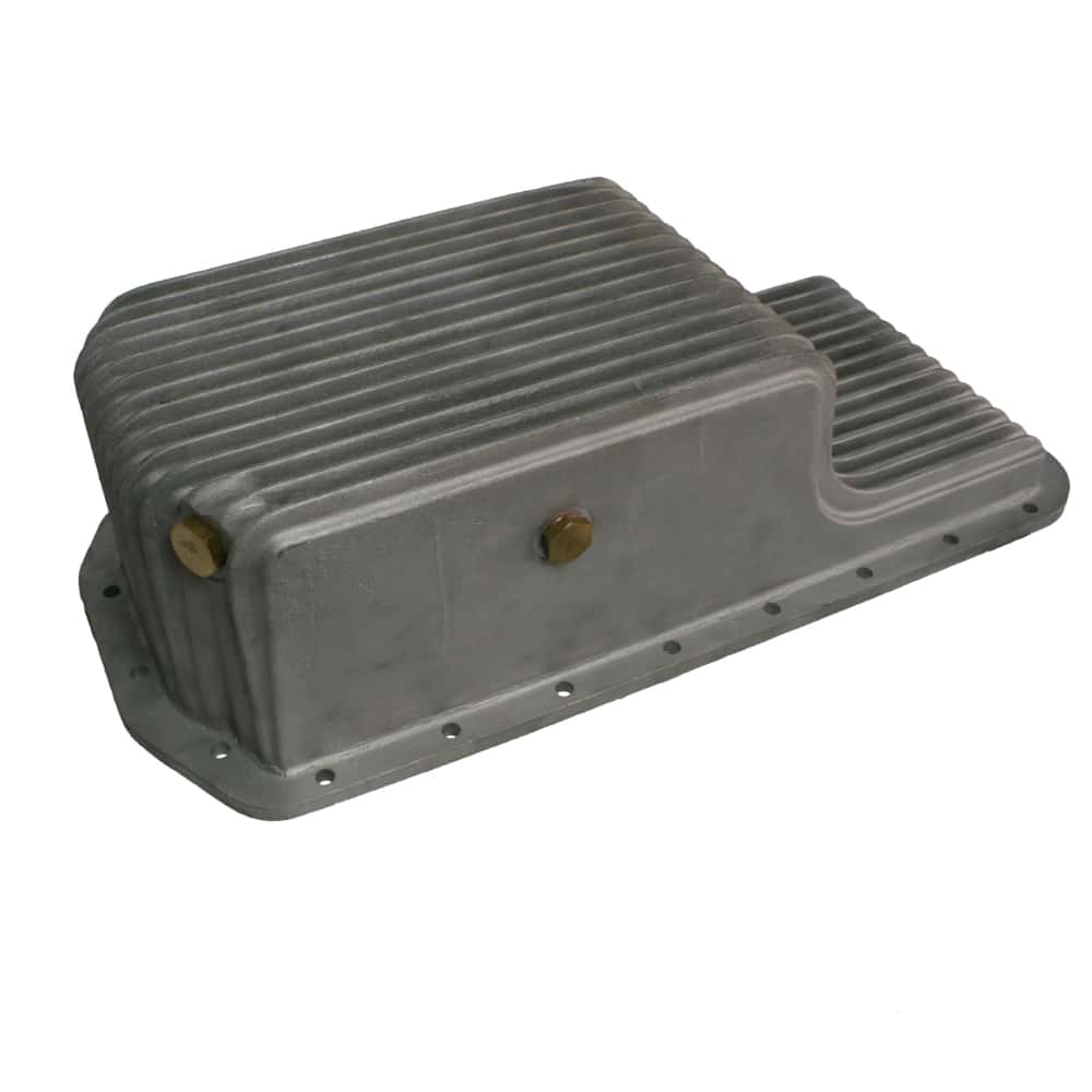 A gray Aluminium Engine Oil Sump - TR5-6 with ribbed surface and brass plugs, isolated on a white background.