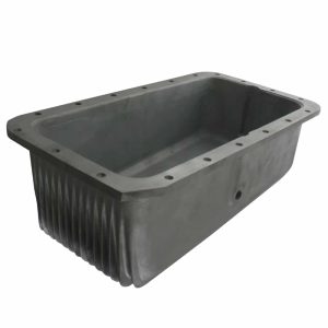 A grey, rectangular Aluminium oil sump with a ribbed design and a flange with multiple bolt holes, photographed on a white background. Suitable for Triumph TR2 to TR4A and Morgan plus 4 vehicles.