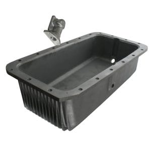 A Racetorations Reduced Height Aluminium Oil Sump for Triumph TR2-TR4A & Morgan Plus 4 is shown, featuring a flanged edge and bolt holes, with a modified oil pump cover displayed above.