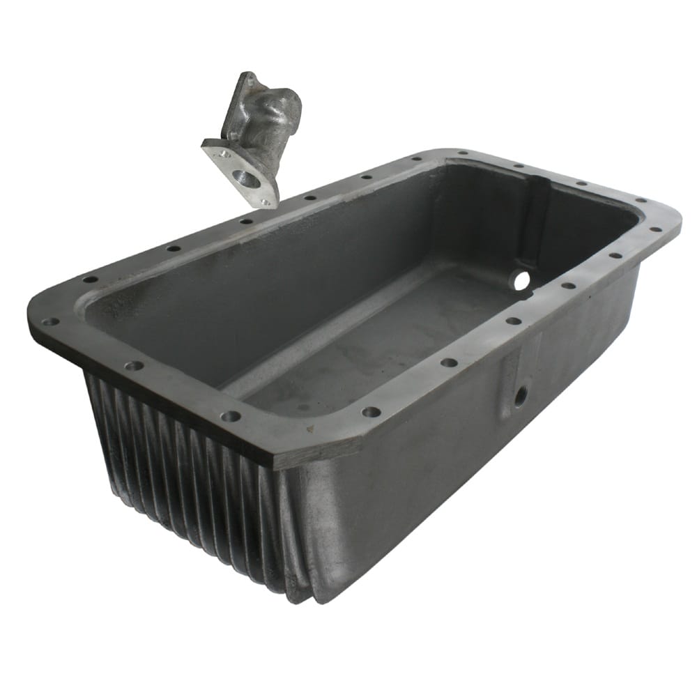 A Racetorations Reduced Height Aluminium Oil Sump for Triumph TR2-TR4A & Morgan Plus 4 is shown, featuring a flanged edge and bolt holes, with a modified oil pump cover displayed above.