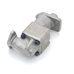 A Racetorations Toleranced Oil Pump & Modified Cap Assembly for TR2-4A & Morgan +4, a cast metal body, flanges at both ends, and three black bolts on top, shown on a white background.
