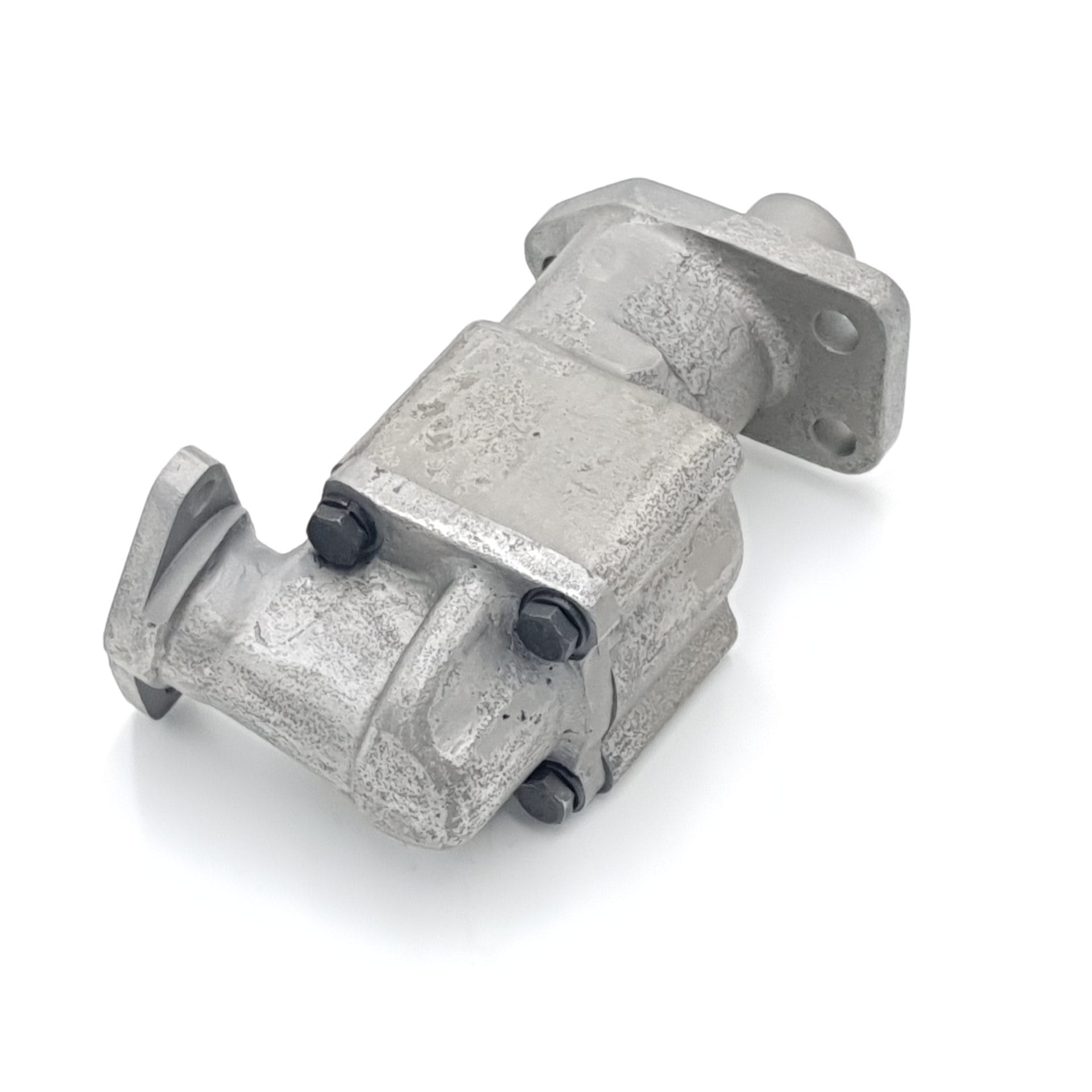 A Racetorations Toleranced Oil Pump & Modified Cap Assembly for TR2-4A & Morgan +4, a cast metal body, flanges at both ends, and three black bolts on top, shown on a white background.
