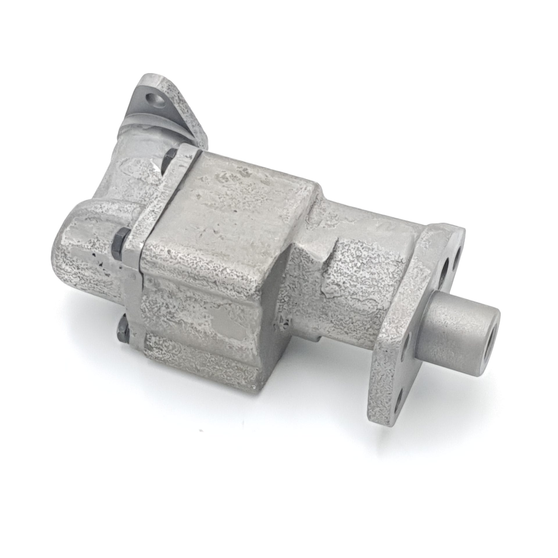 A Racetorations Toleranced Oil Pump & Modified Cap Assembly for TR2-4A & Morgan +4, featuring a cast metal rectangular body with mounting holes and a cylindrical shaft, is positioned on a white background.