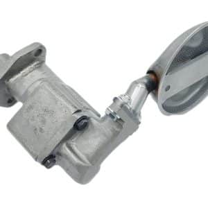 The Racetorations Track Day/Competition Oil Pump for TR2-4A & Morgan +4 includes a mesh strainer, mounting flange, and bolts, shown isolated on a white background.