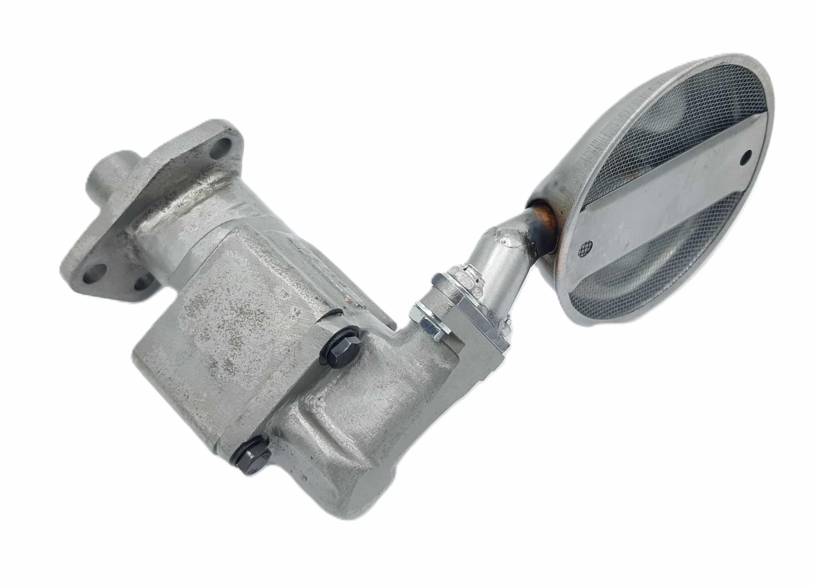 The Racetorations Track Day/Competition Oil Pump for TR2-4A & Morgan +4 includes a mesh strainer, mounting flange, and bolts, shown isolated on a white background.