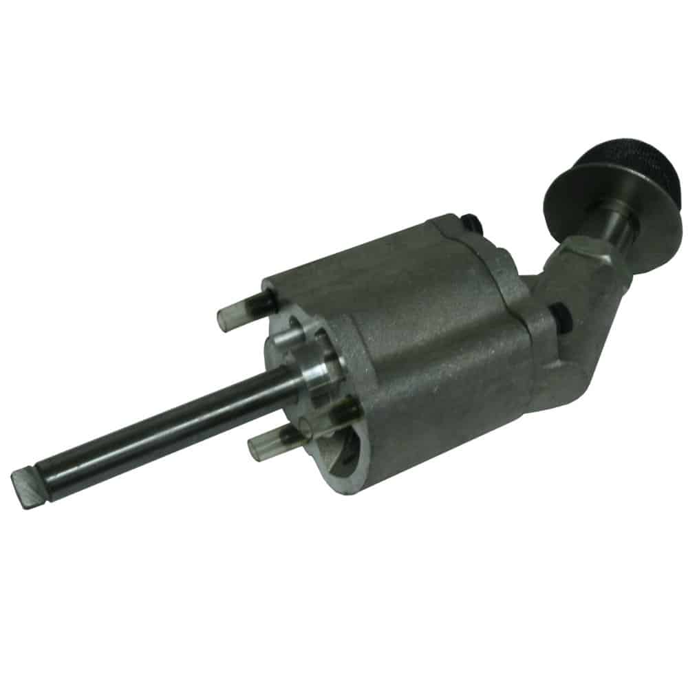 An isolated image of a Racetorations Toleranced Aluminium Oil Pump Assembly - TR5-6 on a white background, showing the piston rod and fluid ports.