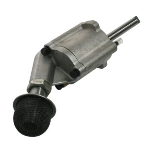 A close-up of a metal Racetorations Toleranced Aluminium Oil Pump Assembly - TR5-6 with a black textured grip on the tool's end, isolated on a white background, perfect for racetorations.