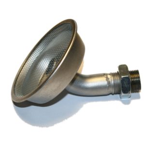 A close-up image of a metal gooseneck aerator attached to a faucet, featuring a mesh screen on a wide circular head, against a white background with the Racetorations Pancake Oil Pump Adapter - TR5-6 visible.