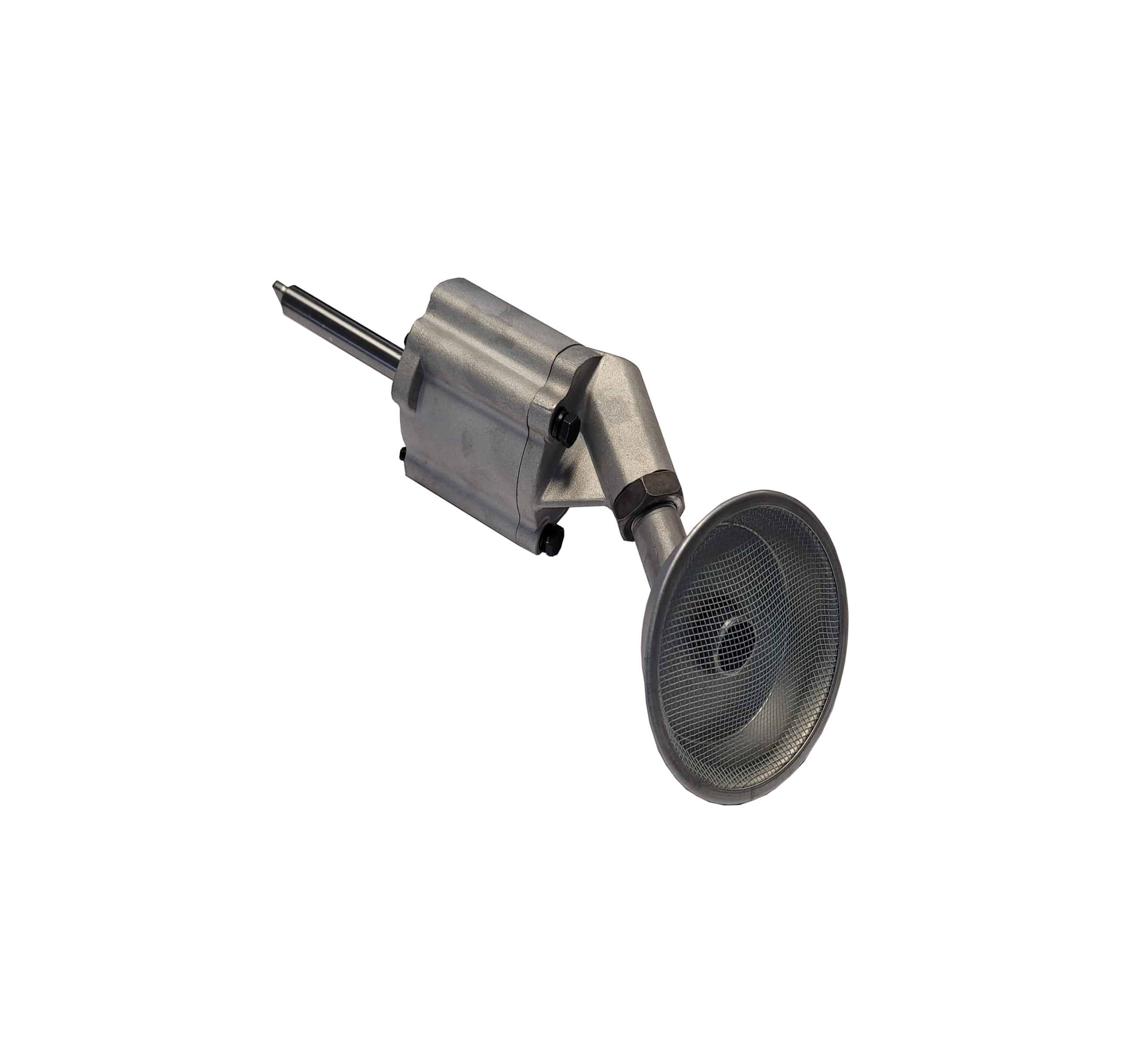 The Racetorations Track Day/Competition Oil Pump, Complete Kit - TR5-6 features a metal pick-up tube with a mesh screen and mounting flange, engineered for high-performance use, shown isolated on a white background.