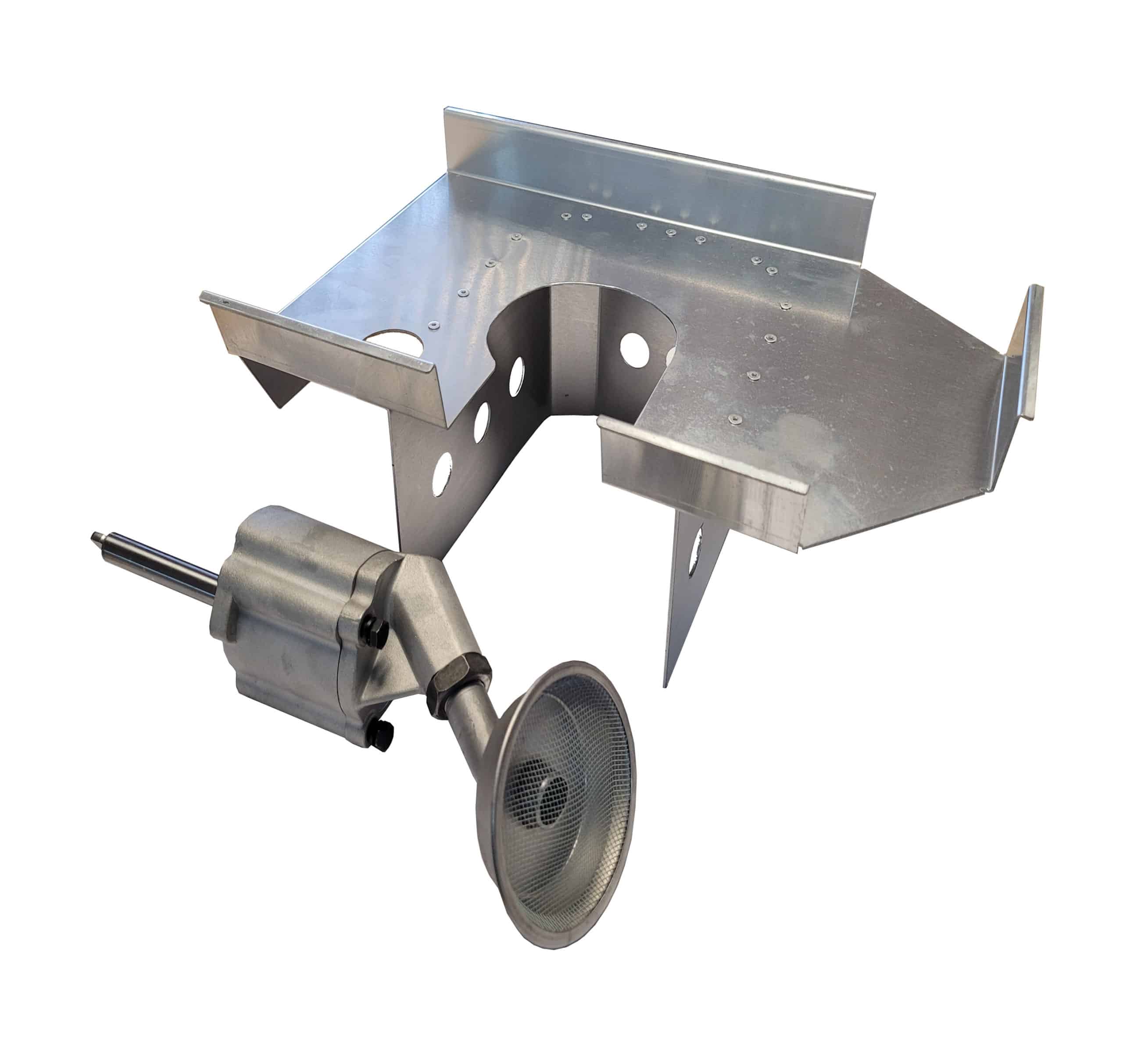 A round mesh metal part on a rod is beside a silver Racetorations Track Day/Competition Oil Pump, Complete Kit - TR5-6 bracket with cut-outs and angled edges.