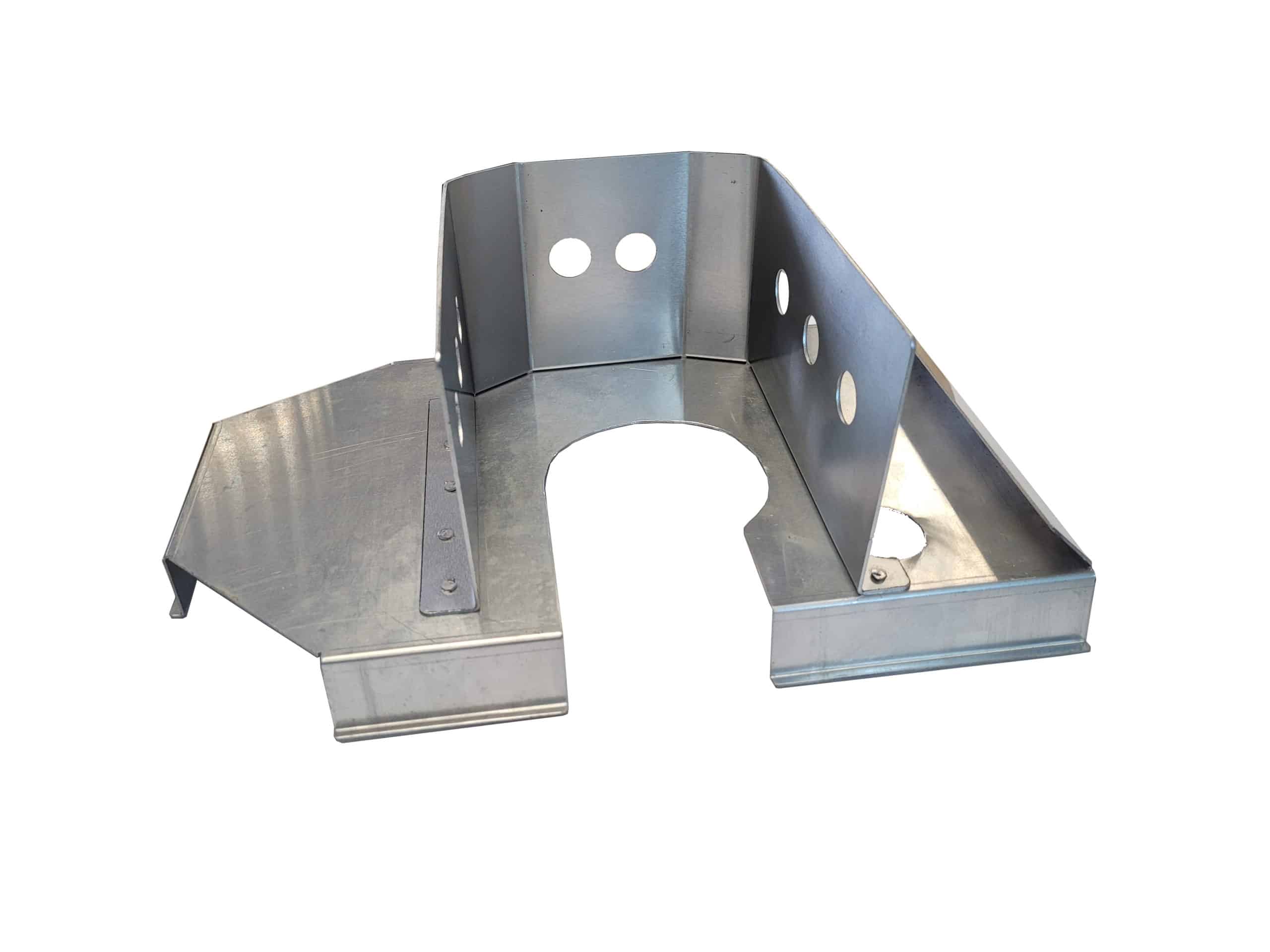 Silvery metal bracket with bends, circular holes, and an open cut-out shown on white background—perfect for securing the Racetorations Track Day/Competition Oil Pump, Complete Kit - TR5-6.