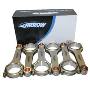 A set of six Arrow Precision Engineering Forged Steel Connecting Rods for TR5-6 is displayed in front of a branded box, which features a small British flag in the lower right-hand corner.