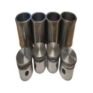 The Racetorations 87mm Piston & Liner Set for TR2-4A and Morgan +4 features four metal pistons and four cylinder liners, neatly arranged in two rows on a white background, with the pistons in front of the liners.