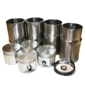 The Racetorations Billet 89mm Piston & Ring Set Inc. Liners for TR2-4A & Morgan +4 includes four pistons with cylinders, rings, and fittings—ideal for engine rebuilds.