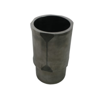 A vertical cutaway view of a Racetorations 87mm Thick Wall Cylinder Liner Set - TR2-4A, showing an inner structure with a y-shaped bifurcation. The exterior is grey and the interior is black. This Cylinder Liner showcases detailed components.