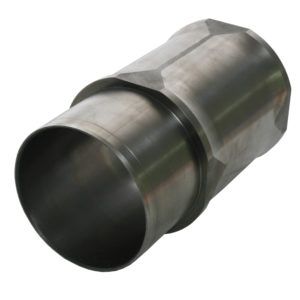 A metal mechanical part, possibly a Racetorations 87mm Thick Wall Piston Liner - TR2-4A, with a hexagonal outer surface and smooth cylindrical inner bore, isolated on a white background.