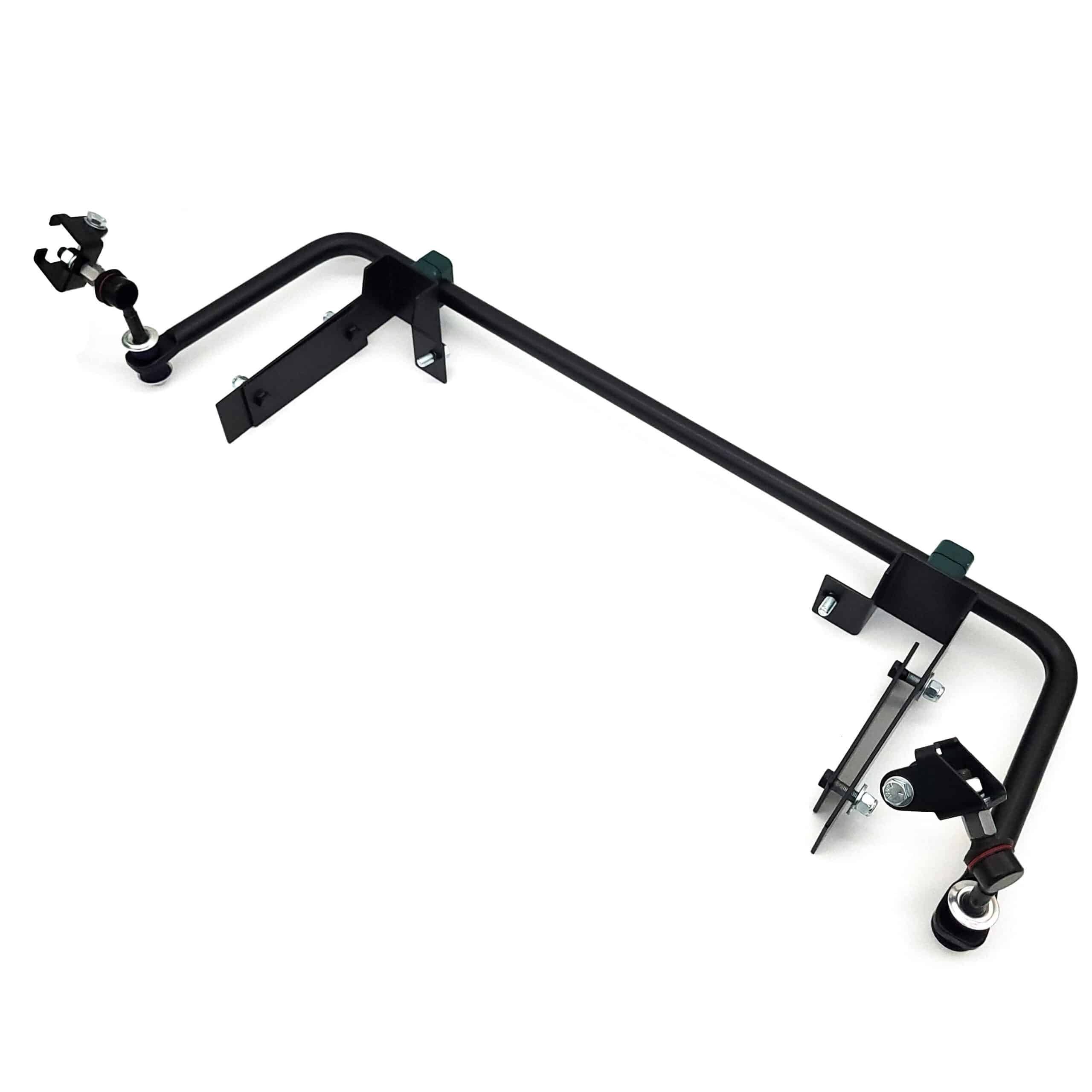 A black 22mm Racetorations Front Anti-Roll Bar for TR4, with mounting brackets and fittings attached, is displayed on a white background to show its vehicle suspension and stability features.